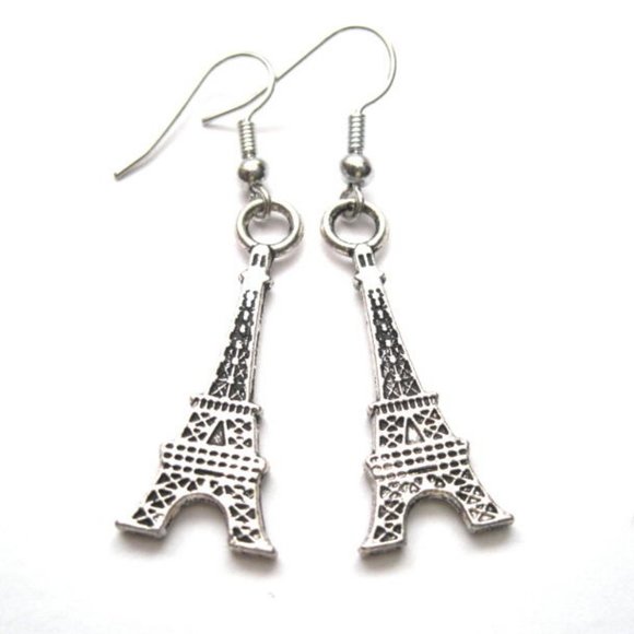 Antique Silver Eiffel Tower Dangle Earrings - Picture 2 of 2